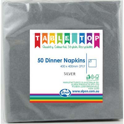 Silver Dinner Napkins 2ply 40x40cm 50pk