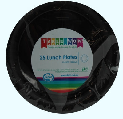 Black Plastic Lunch Plates 180mm 25pk