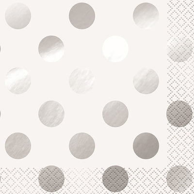Silver & White Dots Beverage Napkins 25.4x25.4cm 16pk