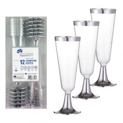 12pk Silver Trim Plastic Champagne Flute 145ml