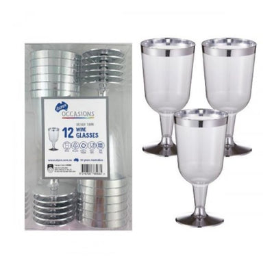 12pk Silver Trim Plastic Wine Glass 175ml