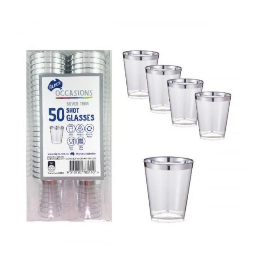 50pk Silver Trim Plastic Shot Glass 30ml