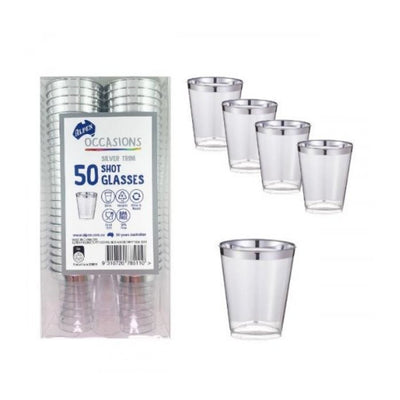 50pk Silver Trim Plastic Shot Glass 30ml