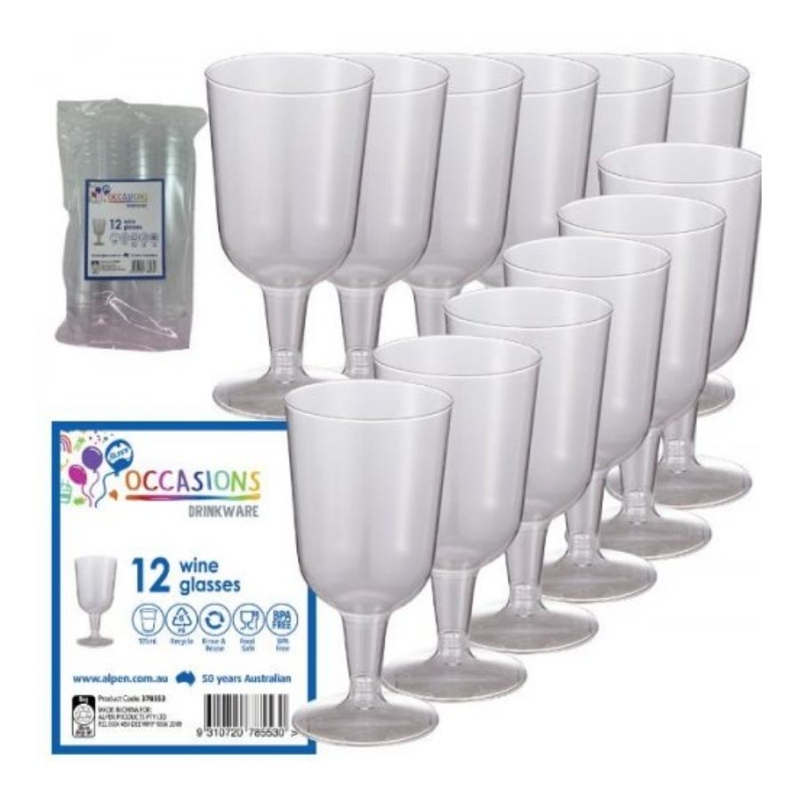 12pk Clear Plastic Wine Glass 175ml