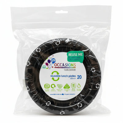 Black Plastic Lunch Plates 180mm 20pk