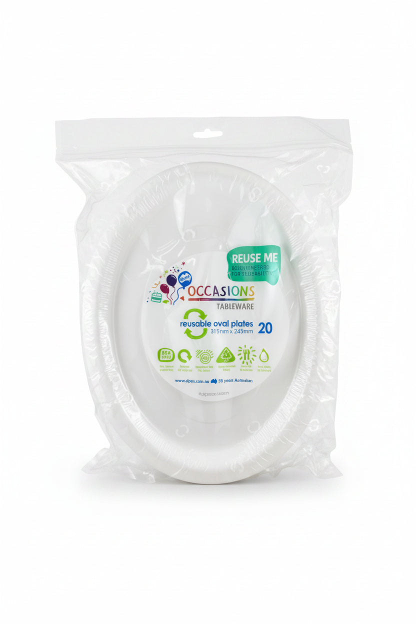 20pk White Plastic Reusable Oval Plates 315x245mm