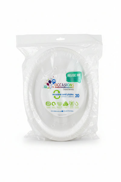 20pk White Plastic Reusable Oval Plates 315x245mm