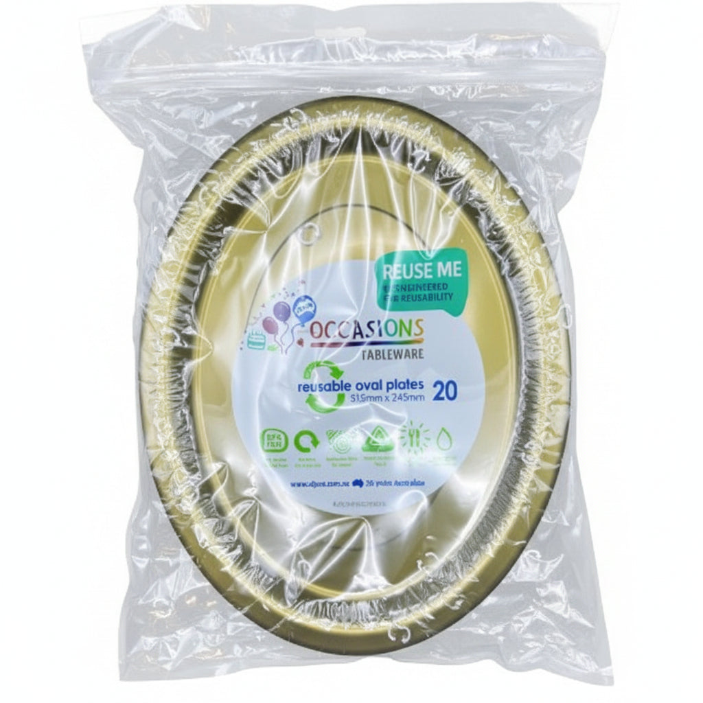20pk Gold Plastic Reusable Oval Plates 315x245mm
