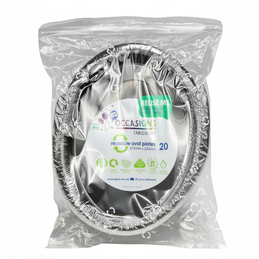 20pk Black Plastic Reusable Oval Plates 315x245mm