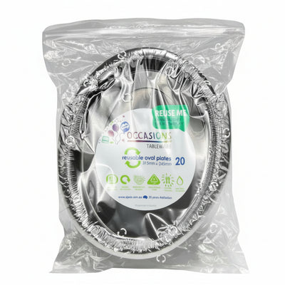 20pk Black Plastic Reusable Oval Plates 315x245mm