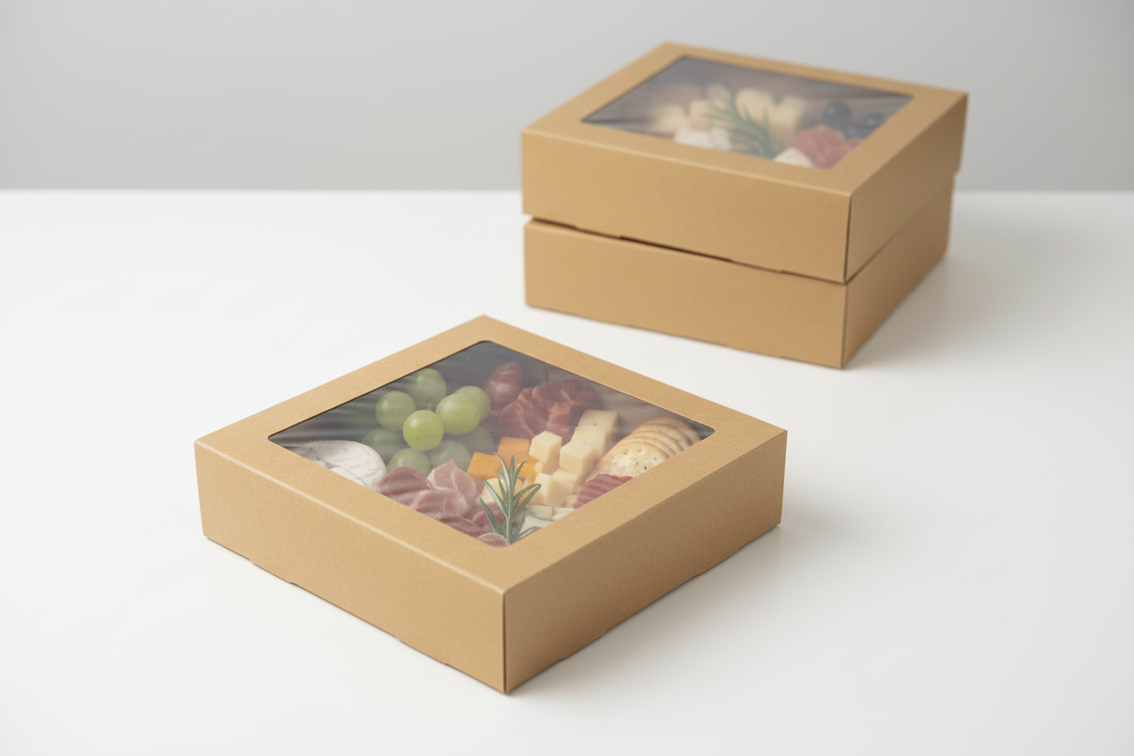 3pk Small Square Kraft Grazing Box with Window Lid (180x180x80mm)