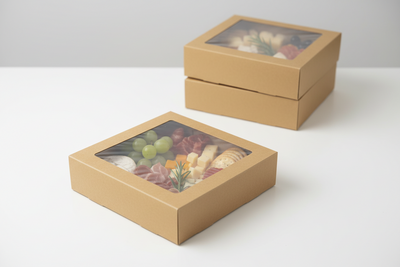 3pk Small Square Kraft Grazing Box with Window Lid (180x180x80mm)