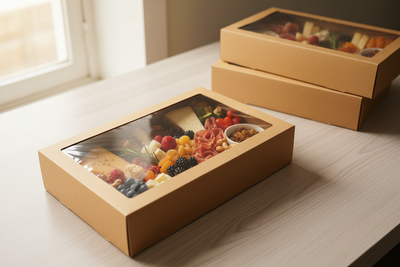 3pk Small Kraft Grazing Box with Window Lid (255x155x80mm)