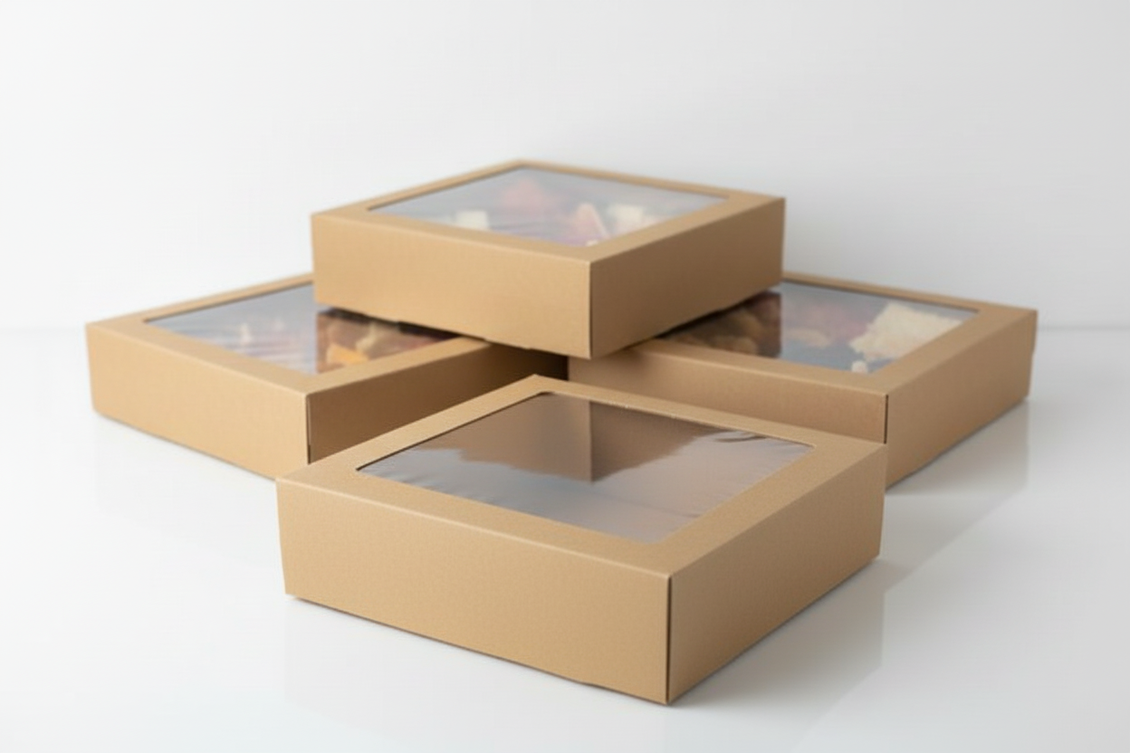 3pk Large Square Kraft Grazing Box with Window Lid (280x280x80mm)