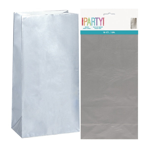 Silver Paper Party Bags 26x13cm 10pk