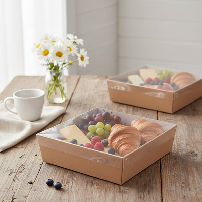 BULK 60pk Small Square Brown Grazing Box with Clear PET lid (180x180x80mm)