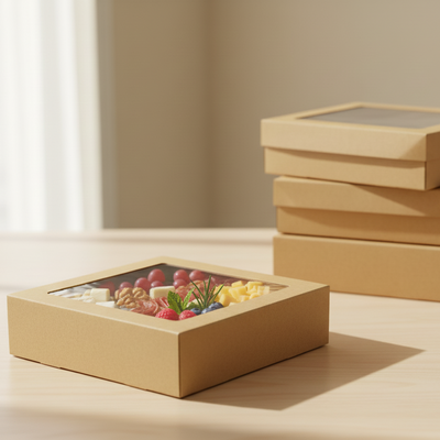BULK 60pkMedium Square Kraft Grazing Box with Window Lid (250x250x80mm)