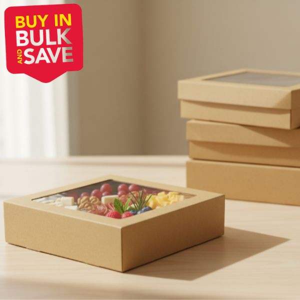 BULK 60pkMedium Square Kraft Grazing Box with Window Lid (250x250x80mm)