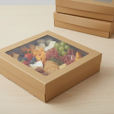 BULK 60pkLarge Square Kraft Grazing Box with Window Lid (280x280x80mm)