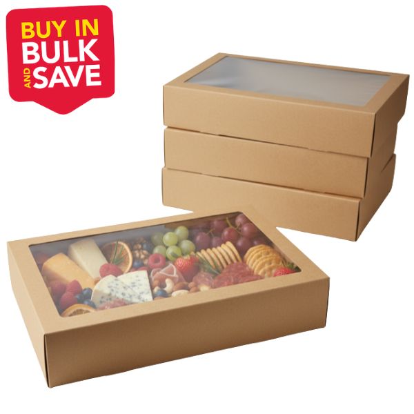 BULK 60pkMedium Kraft Grazing Box with Window Lid (366x255x80mm)