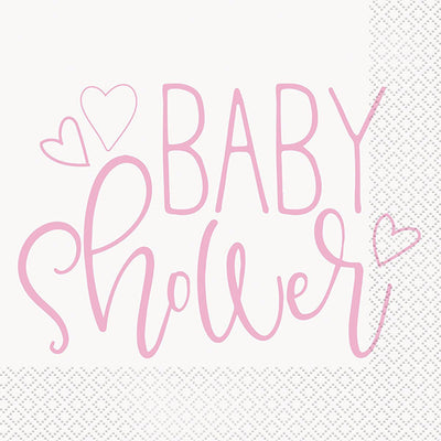 Pink Baby Shower Hearts Luncheon Napkins 33x33cm 16pk