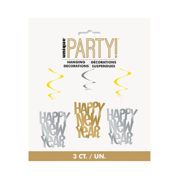 3pc Happy New Year Gold and Silver Hanging Swirl Decoration 90cm