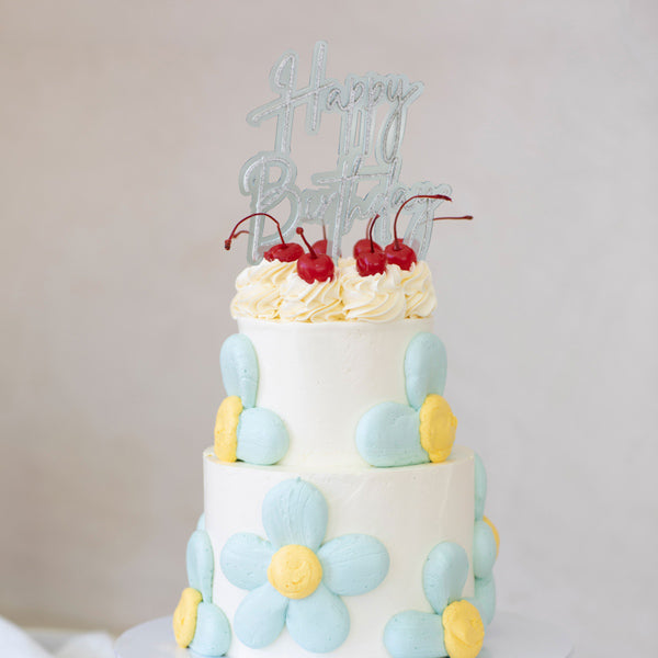 Silver & Light Blue Layered Cake Topper - Happy Birthday