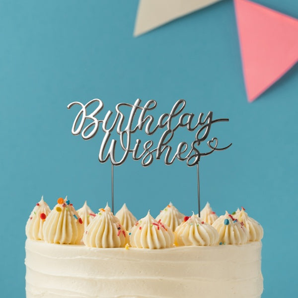 Silver Plated Metal Cake Topper - Birthday Wishes