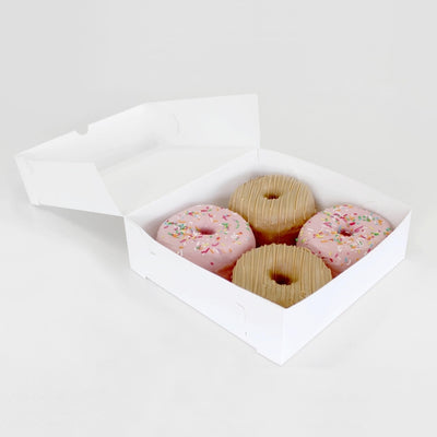 FAULTY BULK 100pk 4 Donut Box (8.25x8.25x2.5in) (40x40mm LABEL ON THE TOP LID)