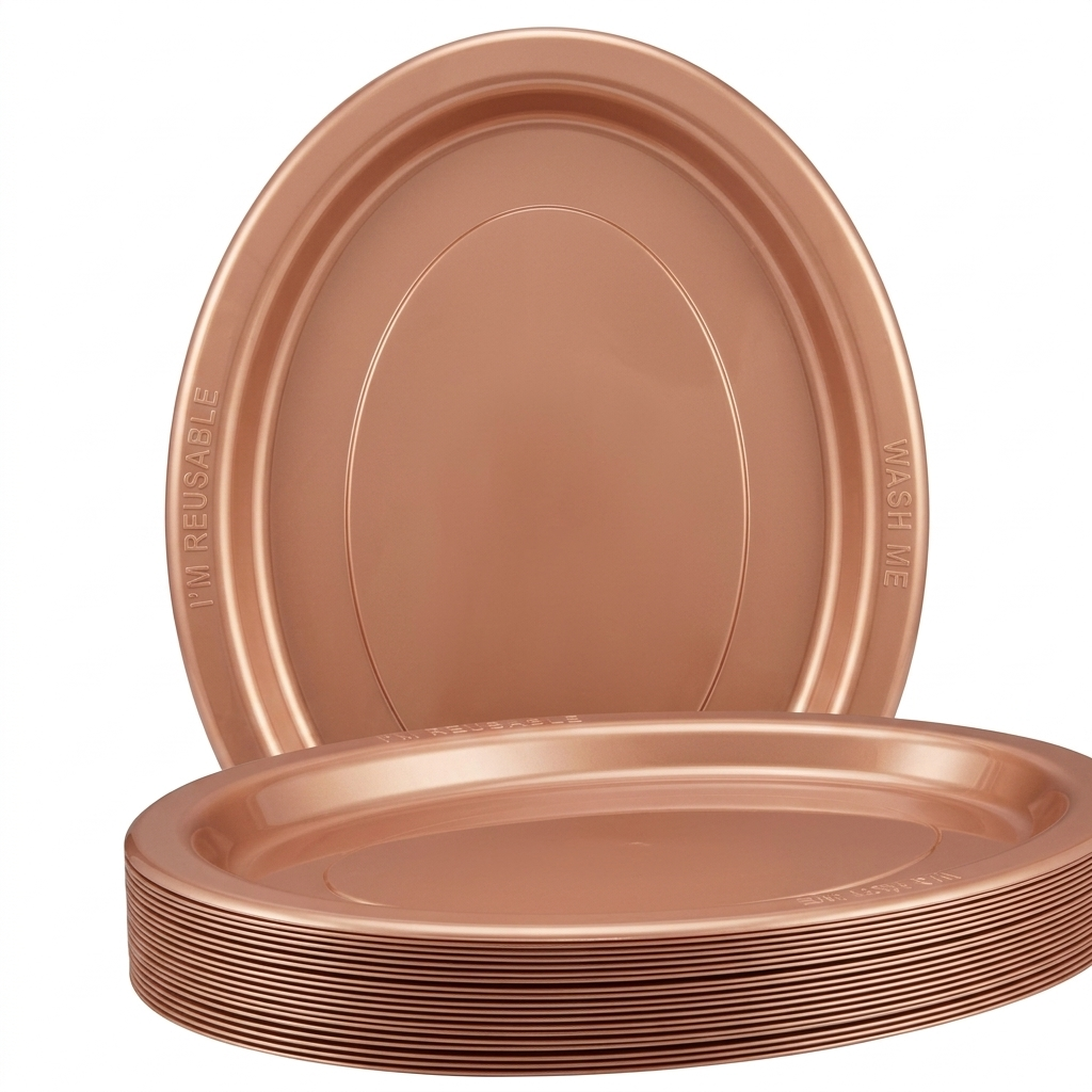 20pk Rose Gold Plastic Reusable Oval Plates 315x245mm