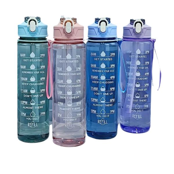 Motivational 1L Assorted Clear Plastic Water Bottle with Straw (colour selected at random)