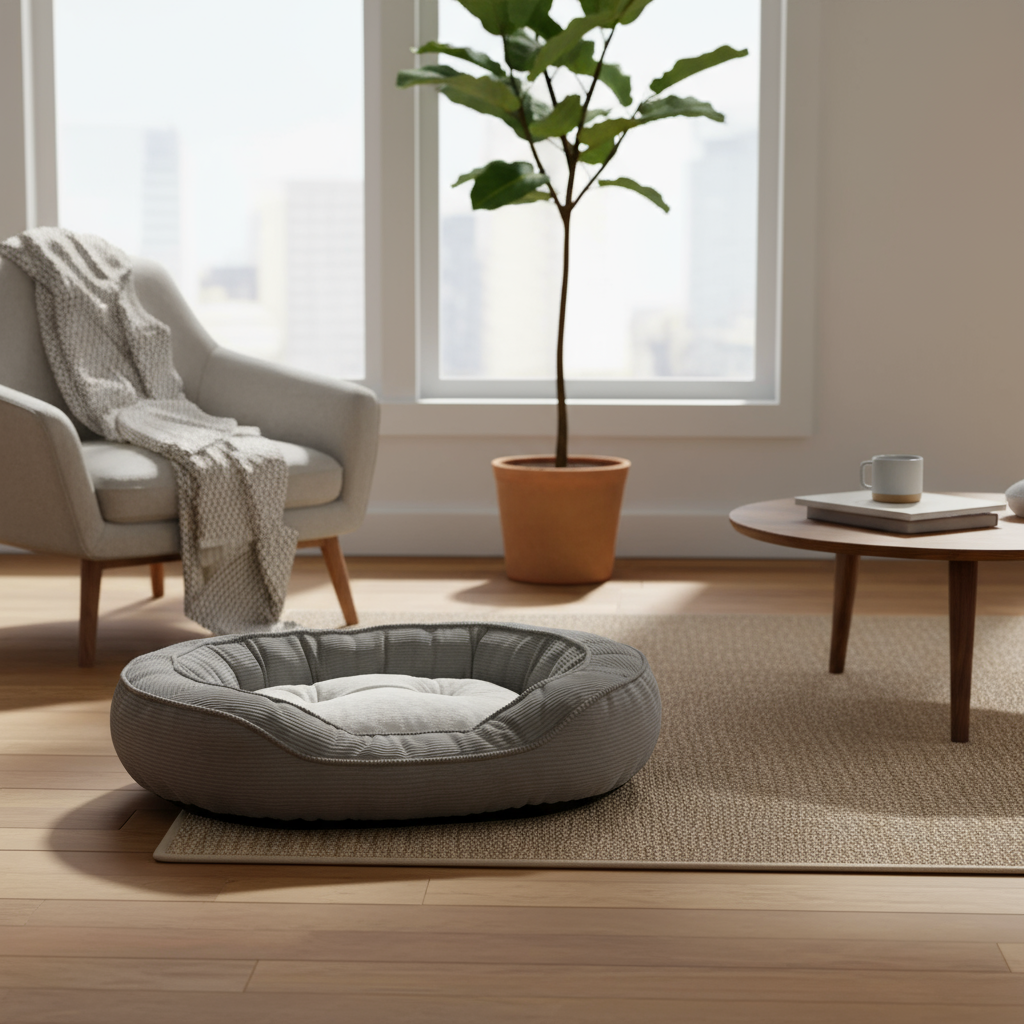 Large Grey Corduroy Dog Bed With Fleece 61x81x17.5cm