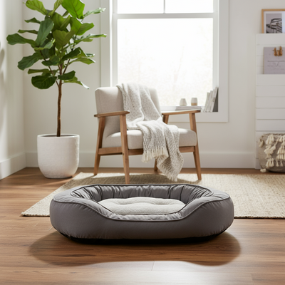 Small Grey Suede & Micro Sherpa Dog Bed 43x56x14cm