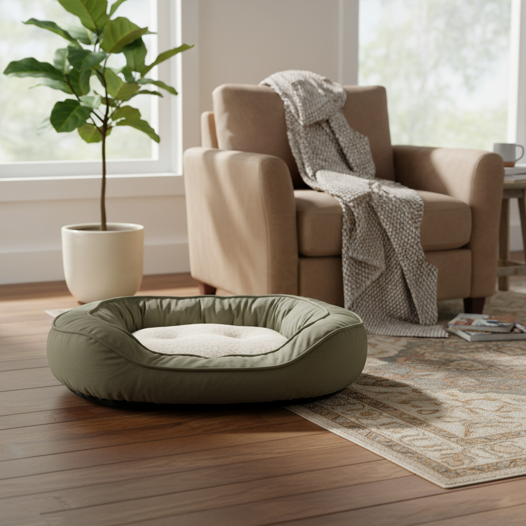 Small Olive Green Suede & Micro Sherpa Dog Bed 43x56x14cm