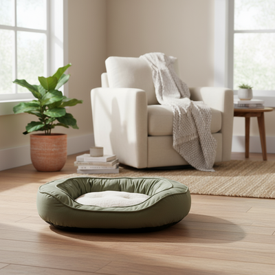 Large Olive Green Suede & Micro Sherpa Dog Bed 61x81x17.5cm