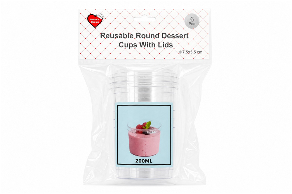 6pk Dessert Cups Round With Lids 200ml 7.5x5.5cm