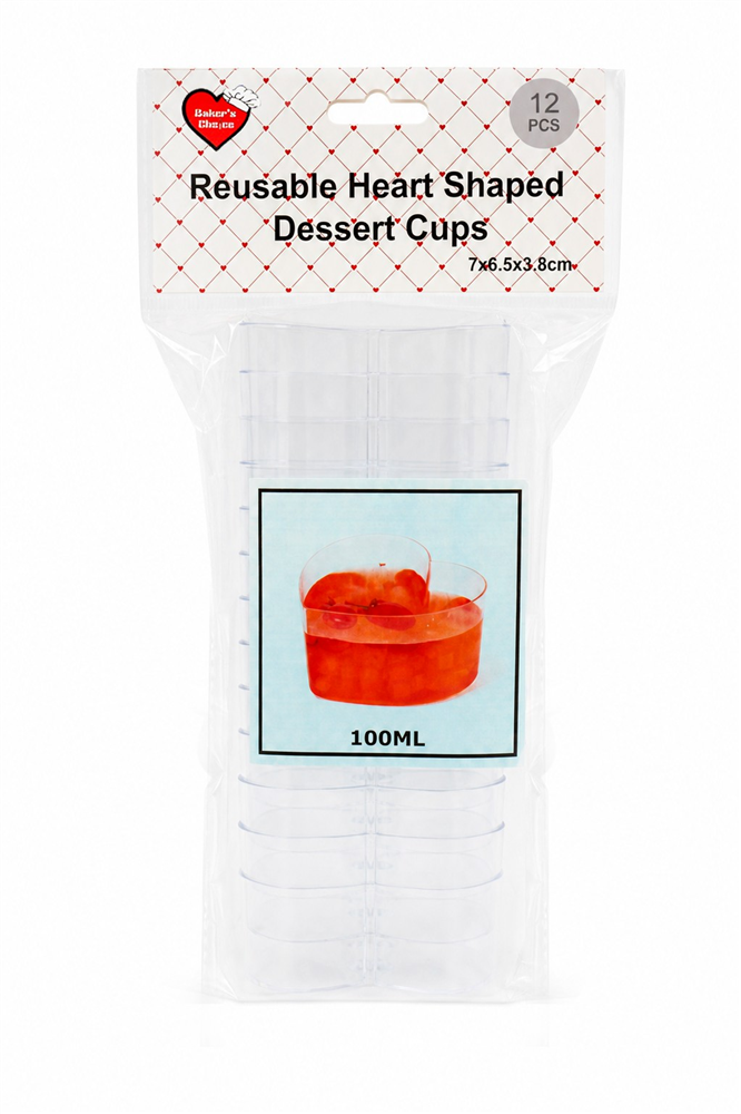 12pk Dessert Cups Heart Shaped 100ml 7x6.5x3.8cm