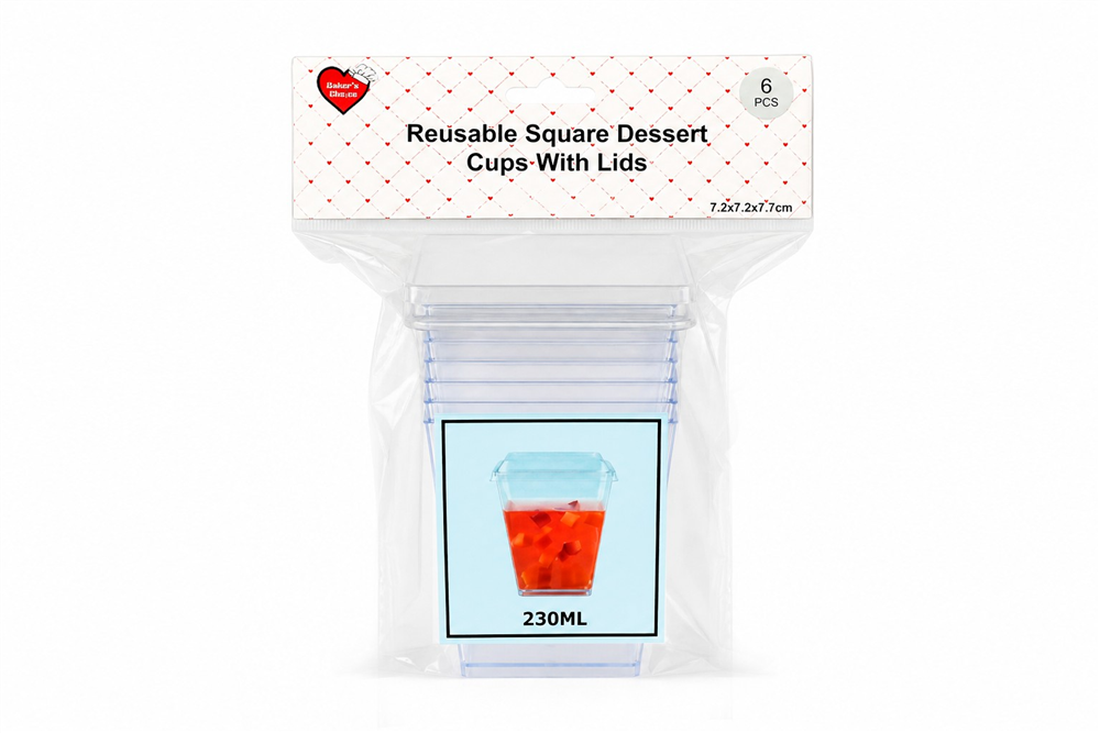 6pk Dessert Cups Square With Lids 230ml 7.2x7.2x7.2cm
