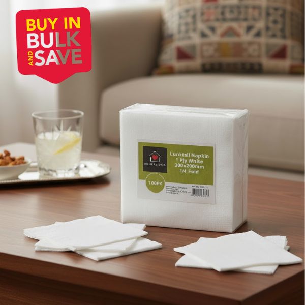 BULK 12pk 500s White Lunch Napkin 1PLY 1/4 Fold (30x30cm)
