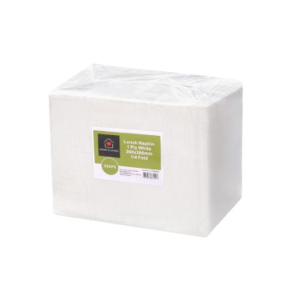 BULK 12pk 500s White Lunch Napkin 1PLY 1/4 Fold (30x30cm)