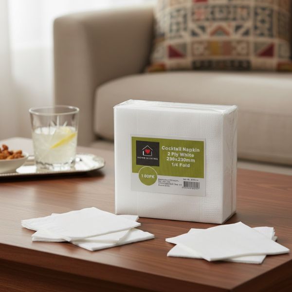 100s White Cocktail Napkin 2PLY 1/4 Fold (23x23cm)