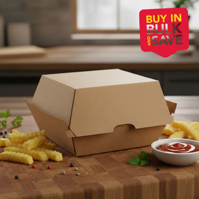 BULK 200pk Burger Box High Jumbo Brown Corrugated Plain (11.3x11x10cm)