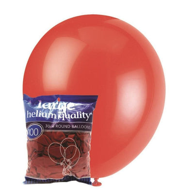100pk Bright Red Standard Latex Balloons 30cm