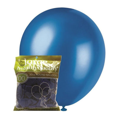 100pk Blue Metallic Latex Balloons 30cm