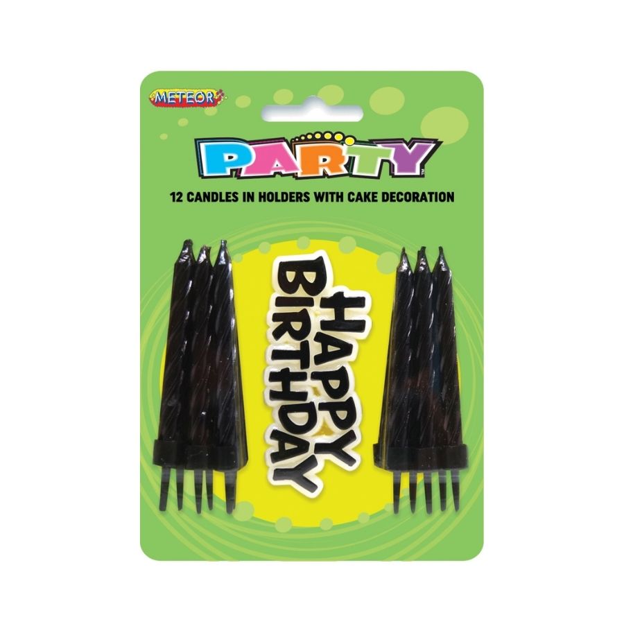 12pk Black Candles with Cake Deco