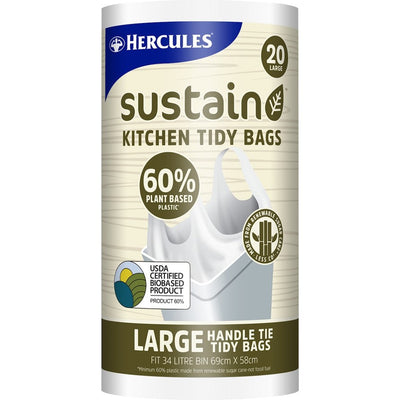 20pk Hercules Sustain Plant Based Kitchen Tidy Bags with Handle Tie Large