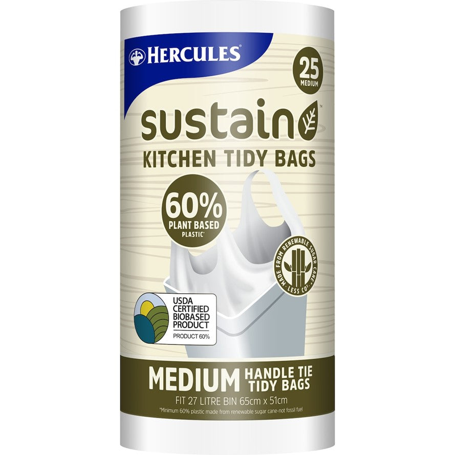 25pk Hercules Sustain Plant Based Kitchen Tidy Bags with Handle Tie Medium