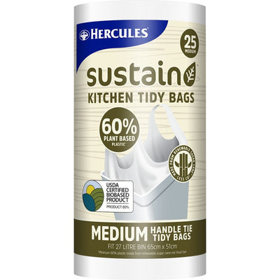 25pk Hercules Sustain Plant Based Kitchen Tidy Bags with Handle Tie Medium