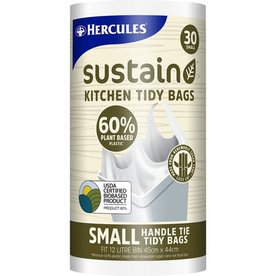 30pk Hercules Sustain Plant Based Kitchen Tidy Bags with Handle Tie Small
