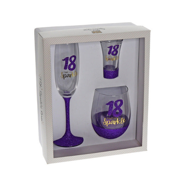 Set of 3 18th Birthday Sparkle Purple Shot, Stem & Flute Glass